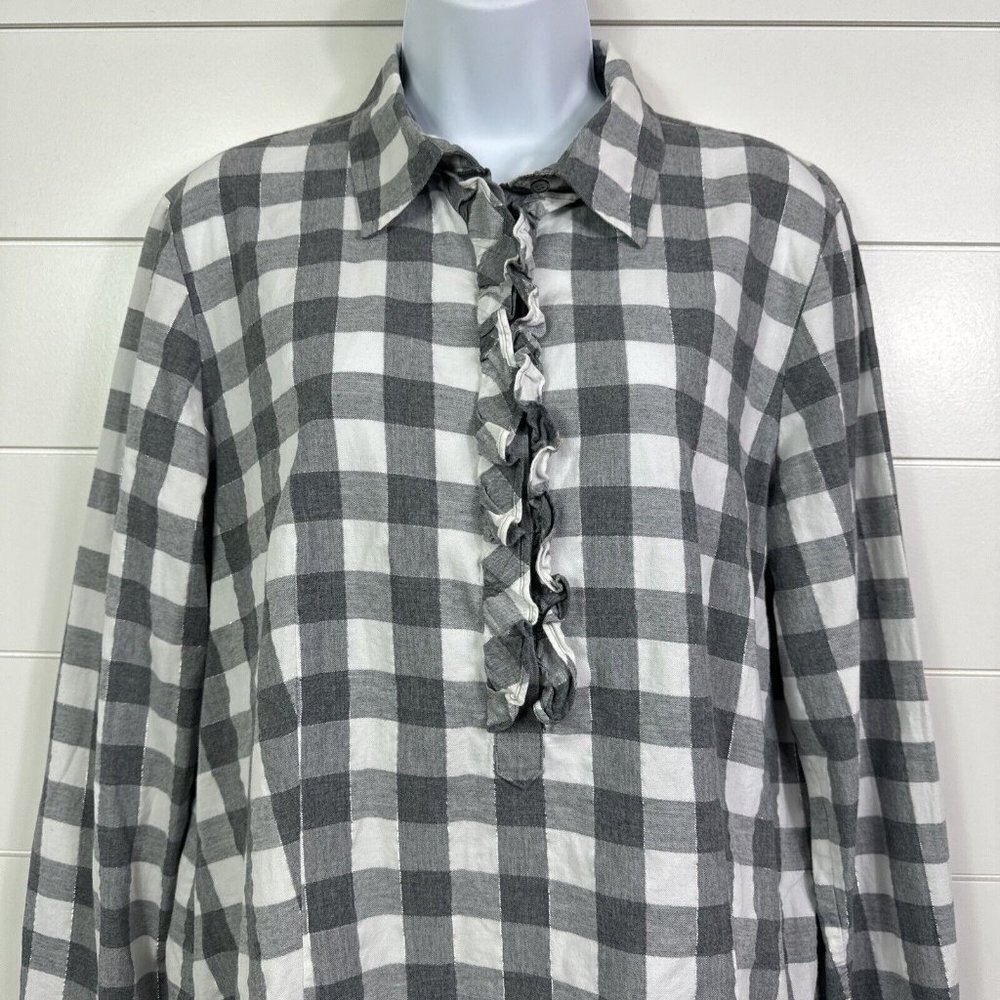 Talbots Checked Pattern Ruffle Button Front Shirt Gray White sz 14 - Picture 2 of 7